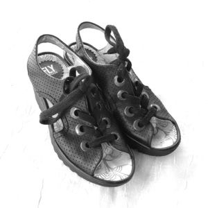 FLY London Black Leather Lace-Up Wedges Size 7